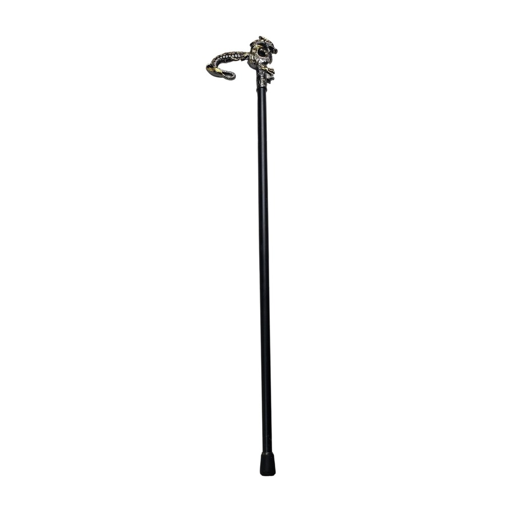 Dragon Head Sword Cane Hidden Blade Walking Stick Black Gold Pewter Tone 36in